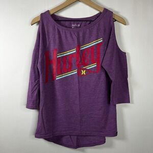 Y2K Hurley Blouse Women Size Small Purple Graphic Logo Cold Shoulder Half Sleeve